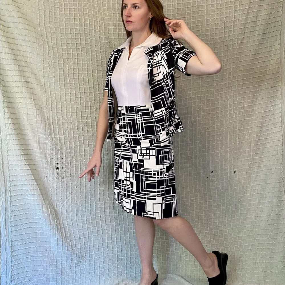 Vintage 60s Mod Black & White Geometric Print Dress Jacket Set by Rona size M - Picture 5 of 15